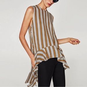 Zara Striped Asymmetrical Sleeveless Tunic Tank Blouse Ruffle Top